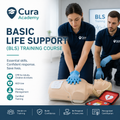 Cura Academy Basic Life Support training course with two instructors demonstrating CPR on a mannequin.