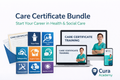 Care Certificate Bundle advertisement with icons and a laptop displaying training content, branded with Cura Academy.