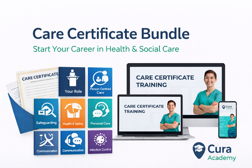 Care Certificate Bundle advertisement with icons and a laptop displaying training content, branded with Cura Academy.