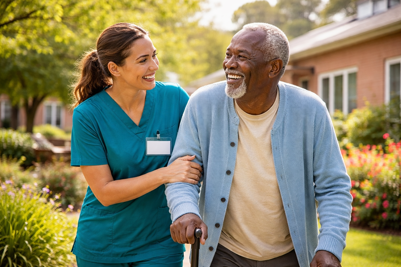 Nurse assisting an elderly man with a walking stick in a garden setting