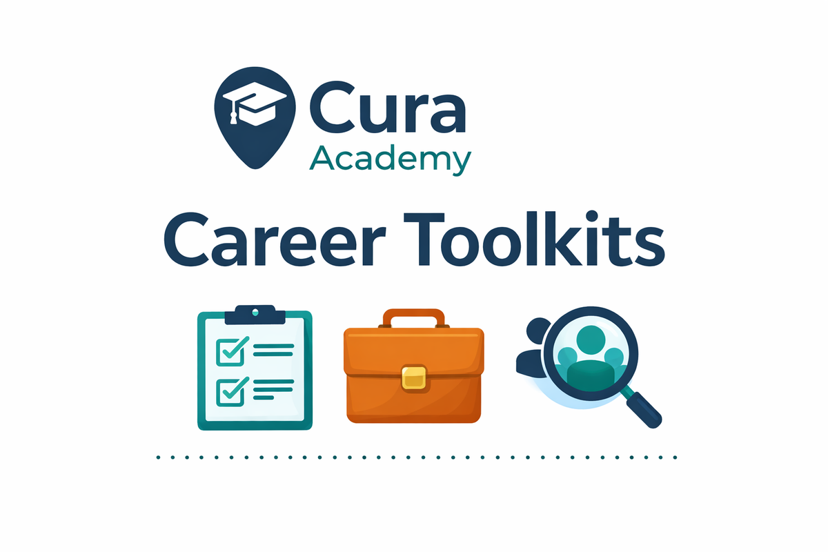 Cura Academy Career Toolkits logo with icons of a clipboard, briefcase, and magnifying glass on a white background.