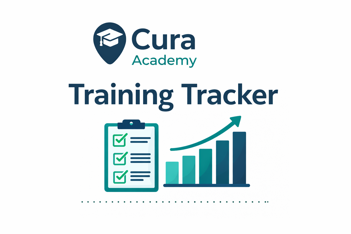 Cura Academy Training Tracker logo with a clipboard and bar graph on a white background