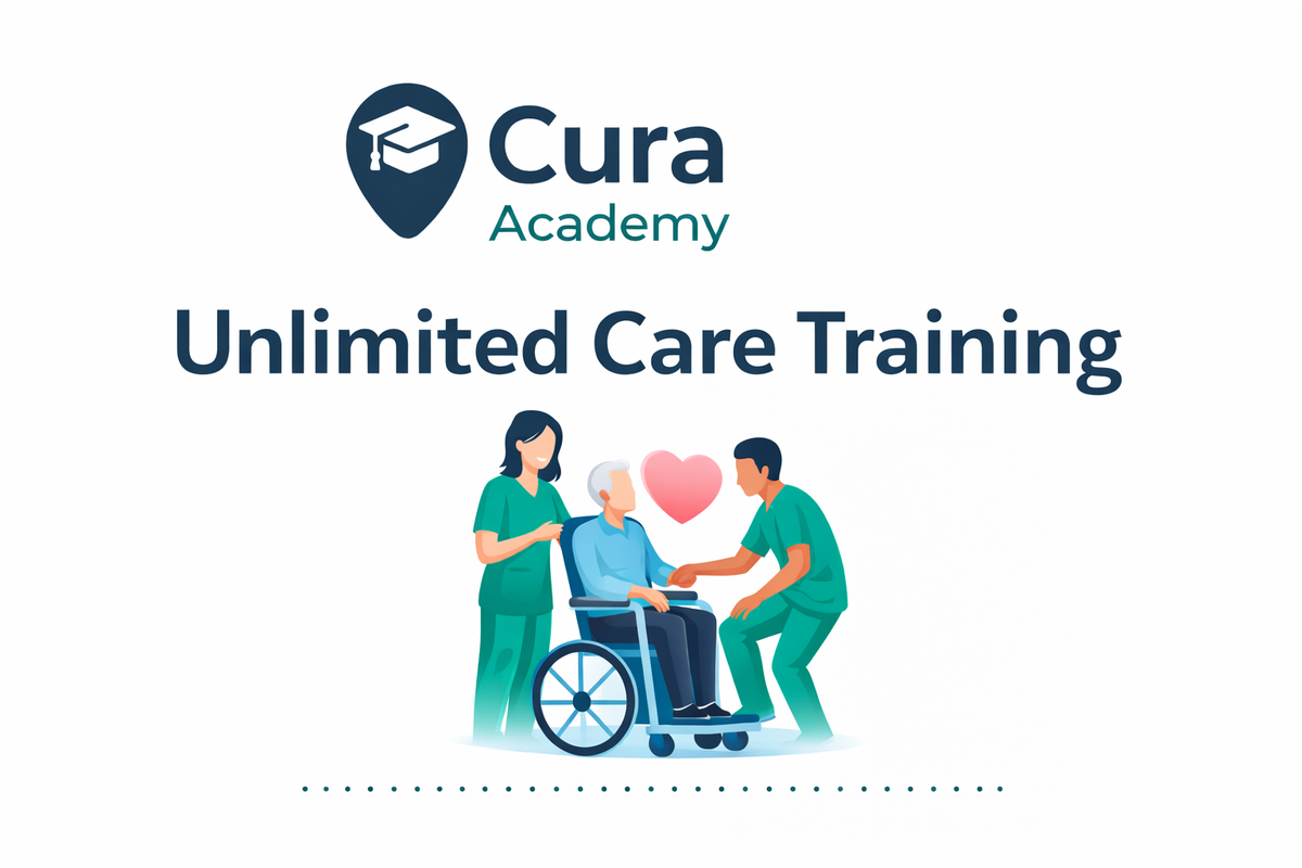 Cura Academy logo with illustration of healthcare professionals and a patient on a wheelchair, set against a white background.