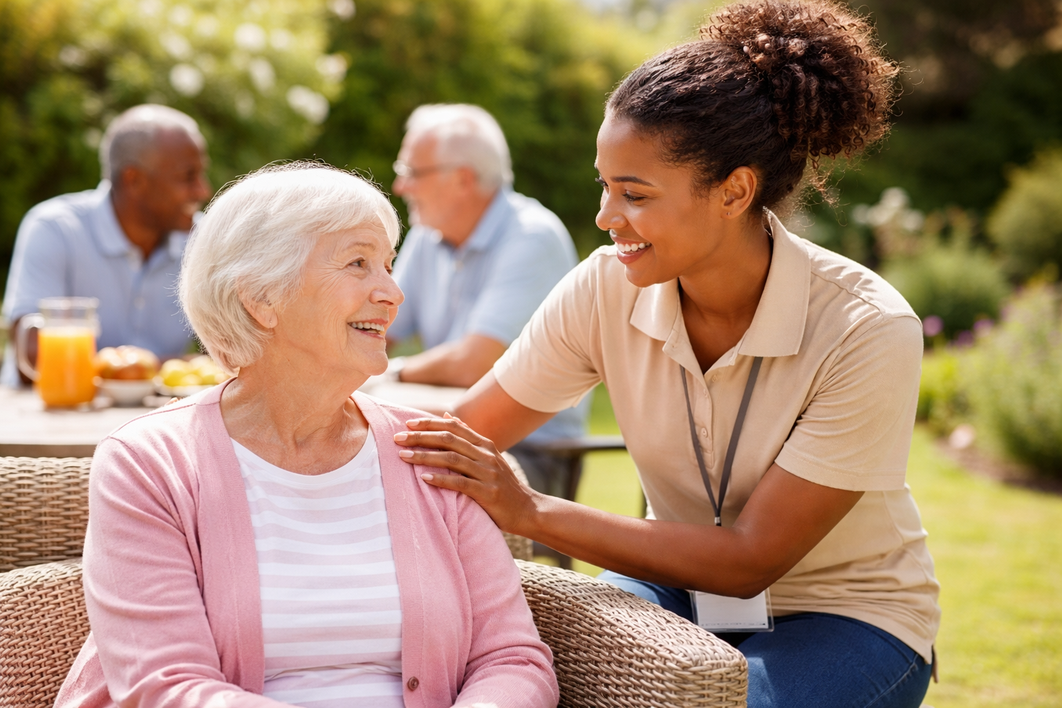 Woman interacting with an elderly woman outdoors in a garden setting
