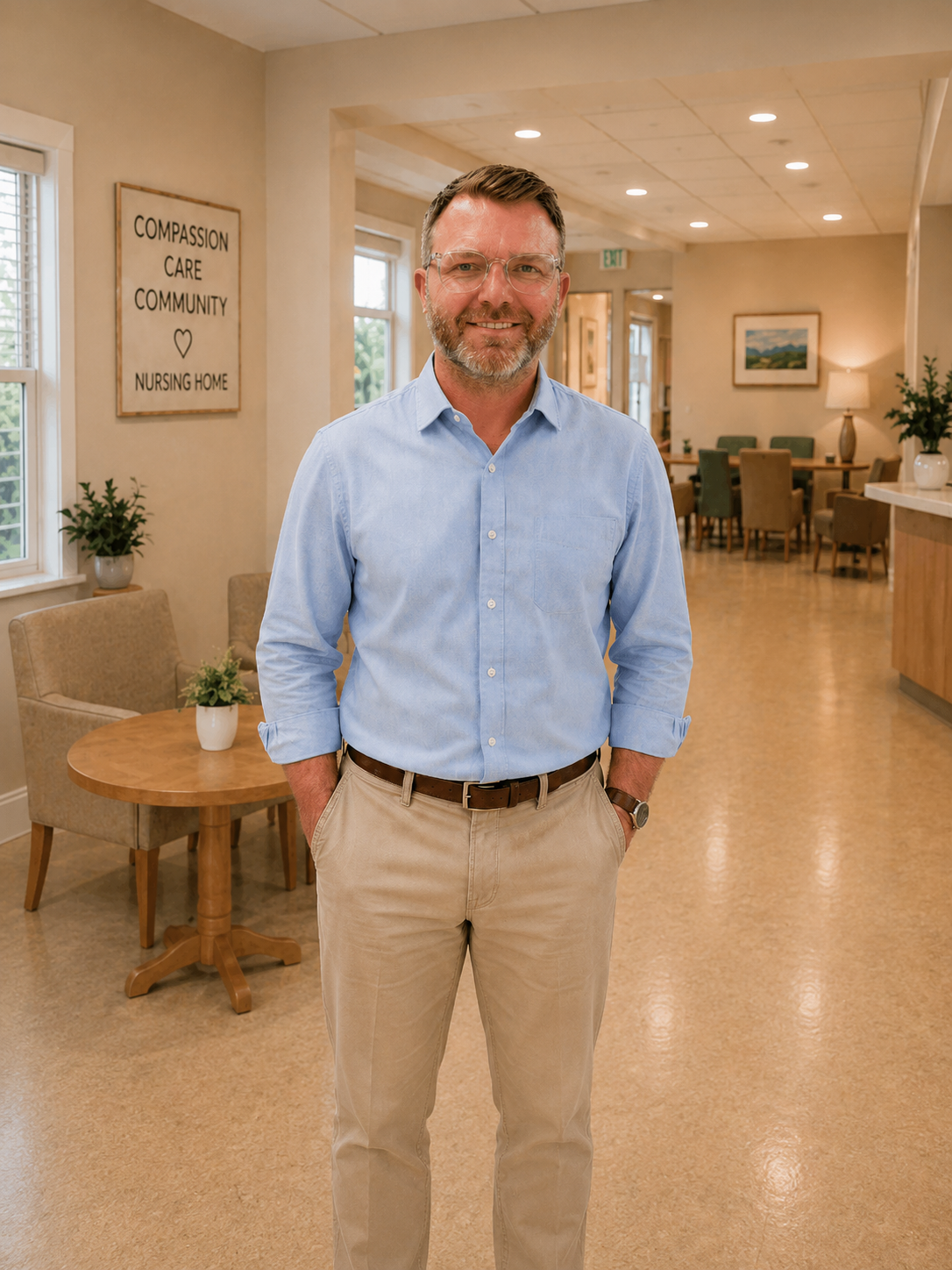 Man standing in a well-lit room with chairs and tables, smiling.
