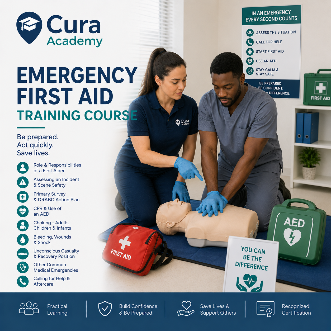 Cura Academy emergency first aid training course with two instructors and a mannequin.