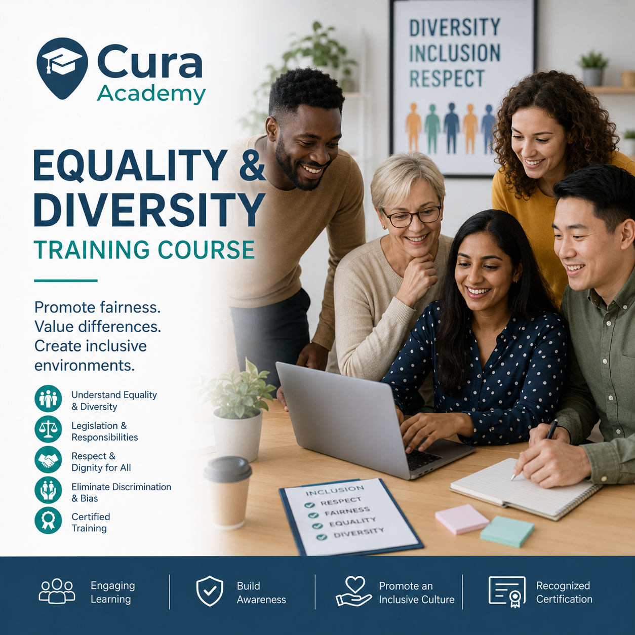 Group of people participating in an equality and diversity training course with Cura Academy branding.