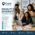 Group of people participating in an equality and diversity training course with Cura Academy branding.