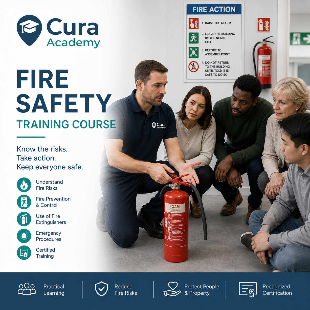 Cura Academy fire safety training course with a instructor and participants.