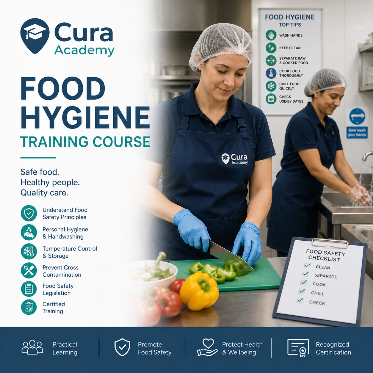 Cura Academy food hygiene training course with a person preparing food in a kitchen.