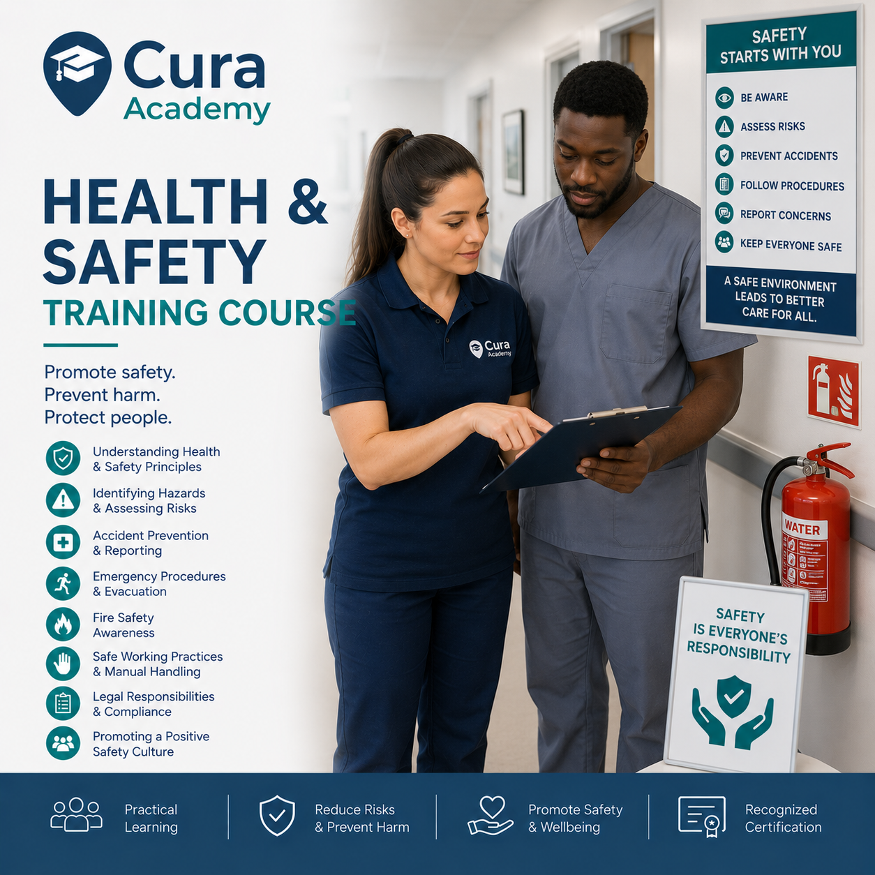 Two healthcare professionals reviewing a document with Cura Academy health and safety training course details on a white wall.