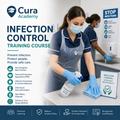 Cura Academy infection control training course with a person in PPE cleaning surfaces.