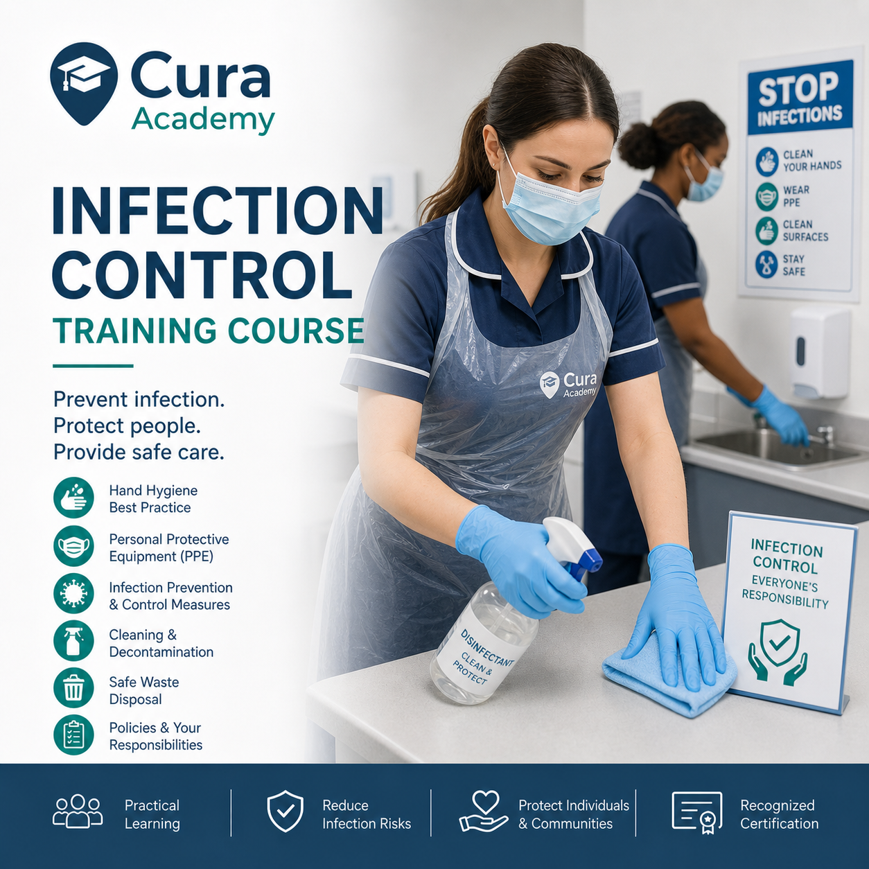 Cura Academy infection control training course with a person in PPE cleaning surfaces.