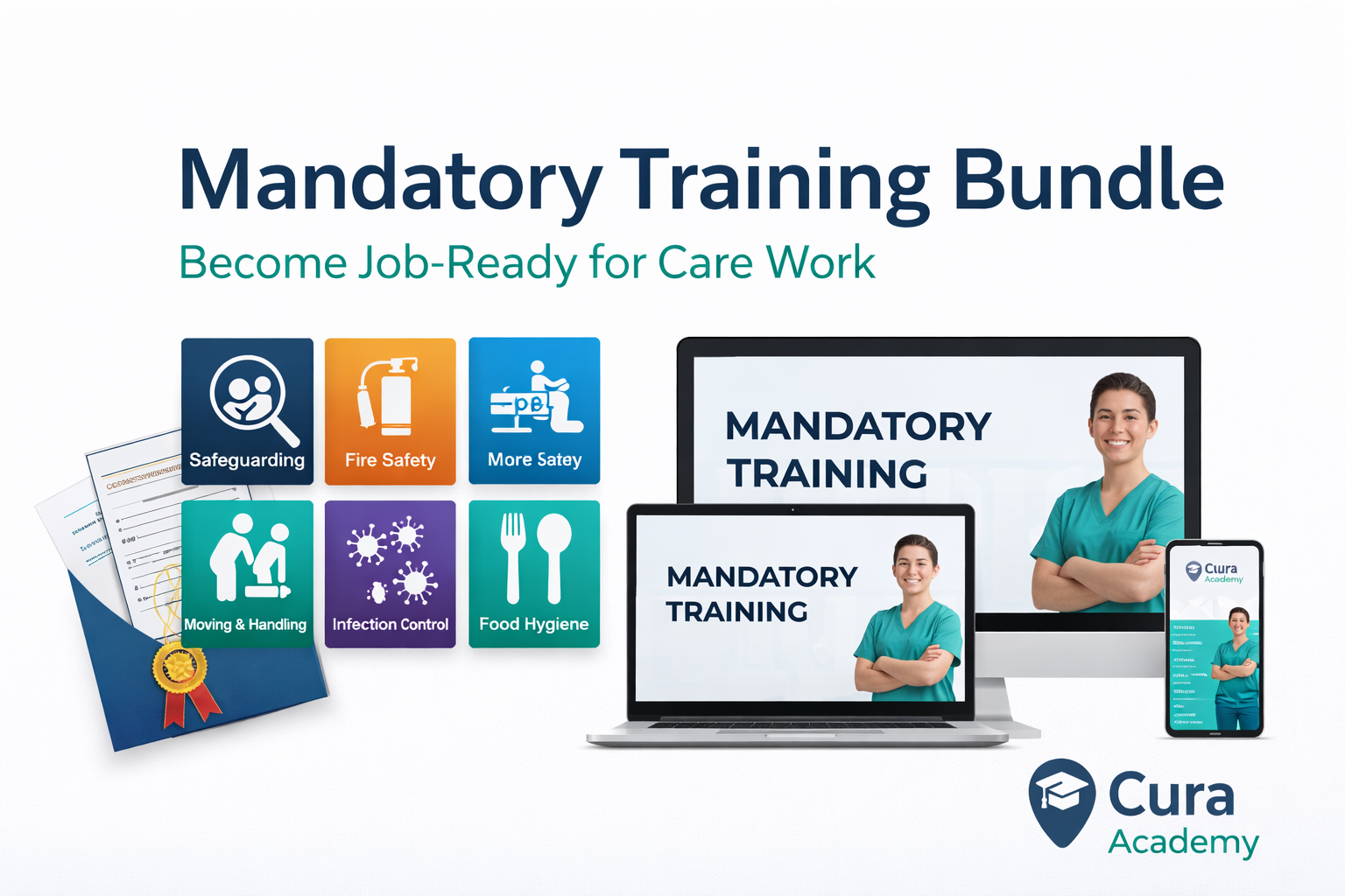 Promotional graphic for Cura Academy's Mandatory Training Bundle with digital content and branding.