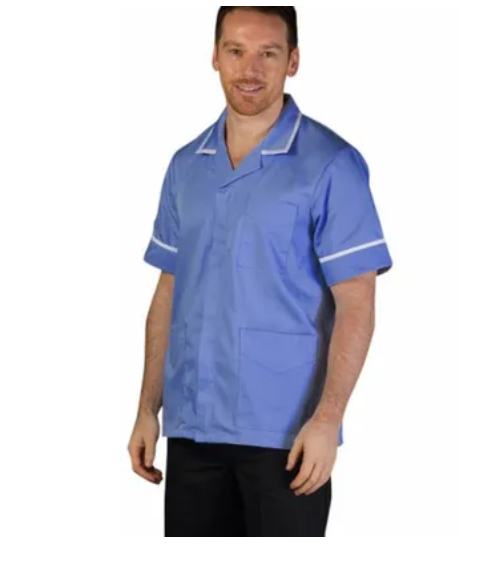 Man wearing a blue shirt with white trim on a white background