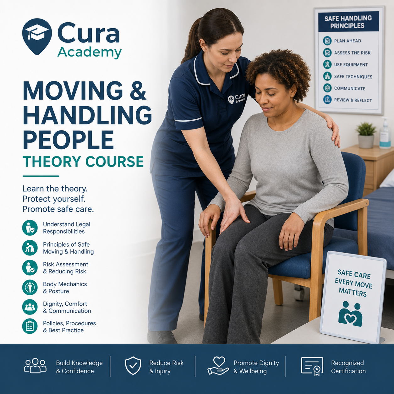 Cura Academy moving and handling people theory course with a trainer assisting a participant.