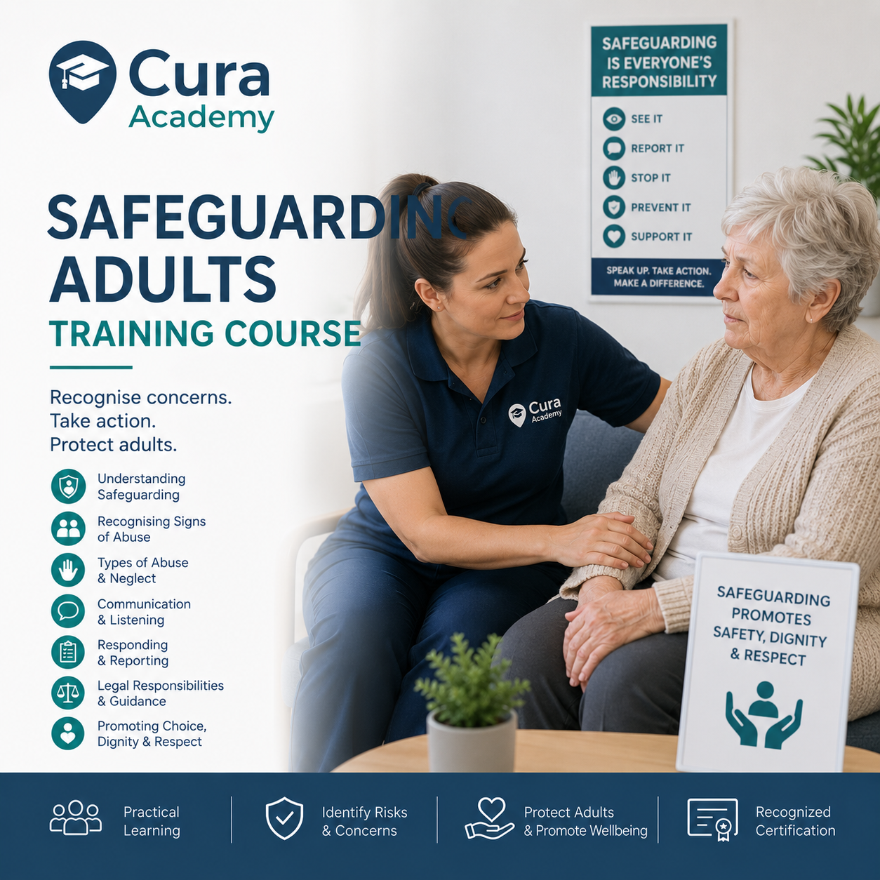 Cura Academy safeguarding adults training course with a woman and elderly woman discussing safety.