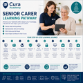 Cura Academy Senior Carer Learning Pathway advertisement with two women using a tablet.
