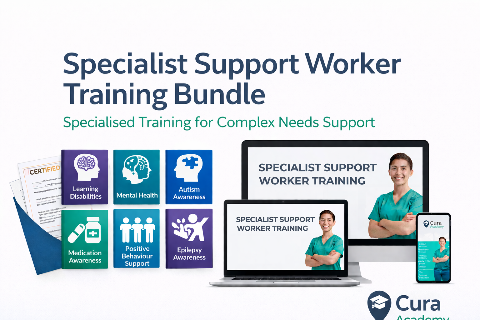 Specialist Support Worker Training Bundle with training materials and Cura Academy logo on a white background