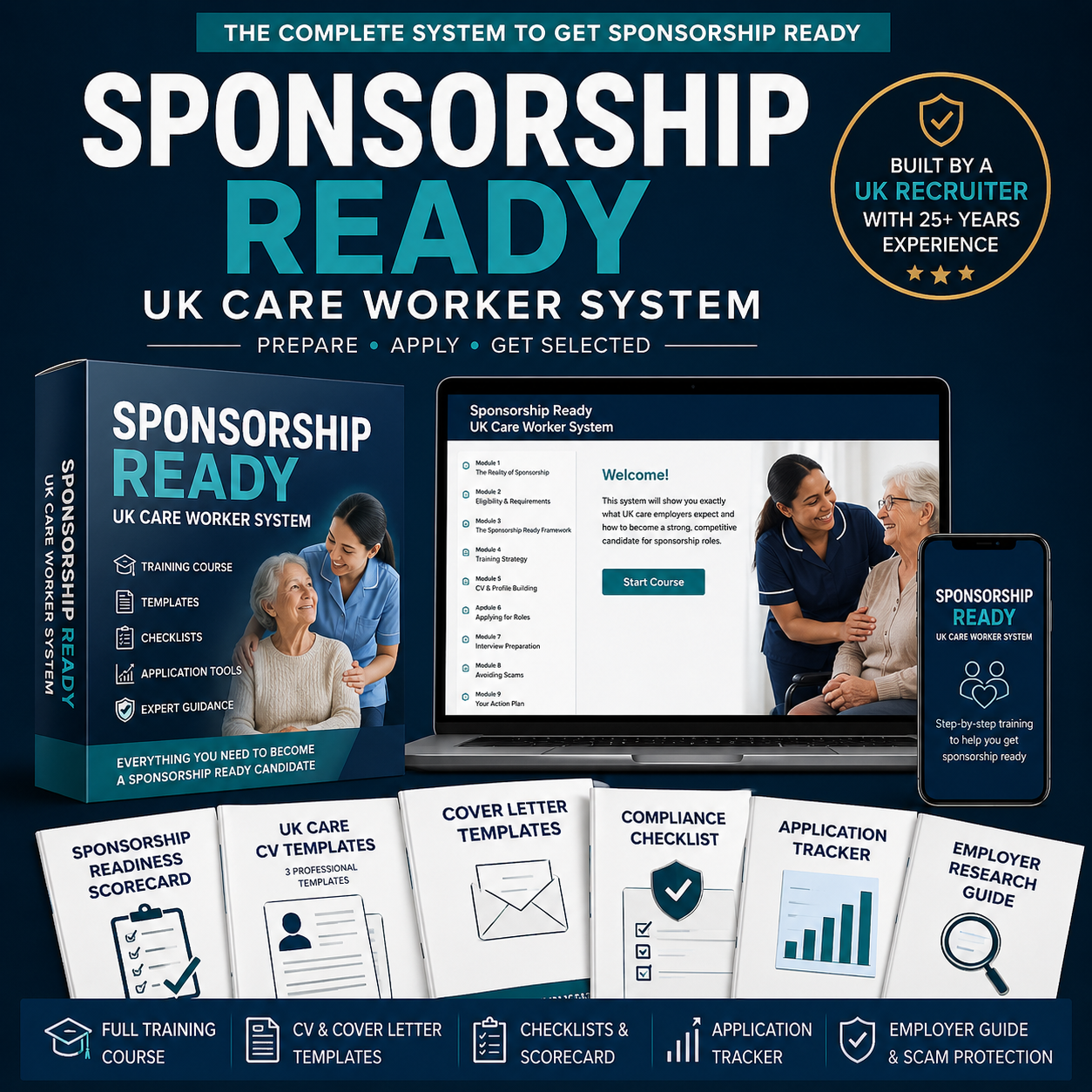 Sponsorship Ready UK Care Worker System packaging with digital materials on a dark blue background